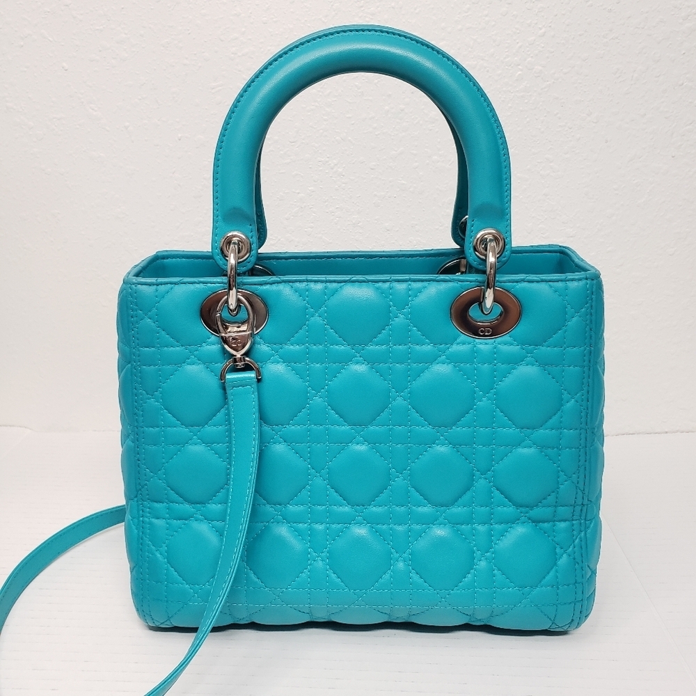Authentic Dior Lady Dior Turquoise Cannage Leather Medium Bag - Picture 4 of 16